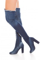 Sexy denim-spijkerstof overknee laarzen gebruikte used look blokhak jeansblauw